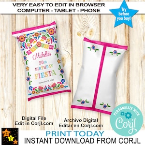 May include: A printable digital file for a chip bag featuring a colorful Mexican fiesta design with the text "Michelle's 50th Birthday Fiesta September 18, 2023".