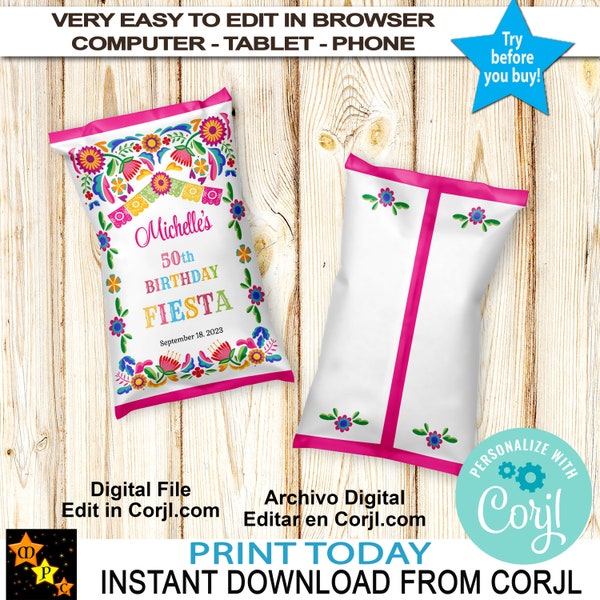 Mexican Flowers Fiesta Chip Bag, Bright Colors, Any Age, Instant Download from Corjl, Any Language, Edit with Corjl