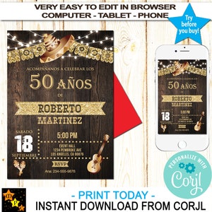 Spanish Mexican Rustic Birthday Invitation, Any Age, DIY, Instant Download from Corjl, Edit in Corjl, Printable, 5x7