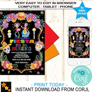 Dia de Muertos Fiesta  Invitation, Mexican Theme, Any Age, Chalkboard, Instant Download, Edit in Corjl, Printable, DM101