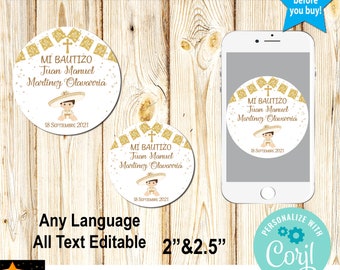 Mi Bautizo Baptism Favor Tags, Baby Charro, Charrito, Gold Foil, Confetti, Mexican Style, Edit and Download in Corjl, 2&quot; and 2.5&quot;