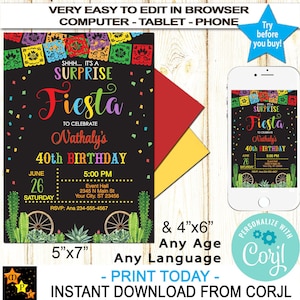 Surprise Fiesta  Birthday Invitation, Mexican Theme, Chalkboard, Any Age, Any Language, Instant Download, Edit in Corjl, Printable, MXI512