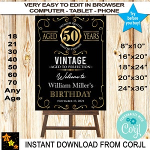 Welcome Sign, Editable ,Aged to Perfection, Whiskey Label, 5 Sizes. 8x10, 16x20, 18x24, 20x30, 24x36 Editable in Corjl, Download from Corjl