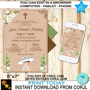 Editable Spanish Baptism and 1st Birthday (Any Age) Invitation, Invitacion Bautizo Charro, Mexican Theme, Silver Charrito
