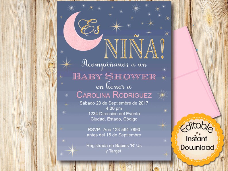 SPANISH Baby Shower Invitation Moon Theme Girl Pink Gold Etsy