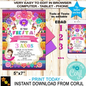 Spanish Mexican Girl Birthday Invitation, Any Age, Mexican Theme, Sarape, Instant Download from Corjl, Edit in Corjl, 5"x7"