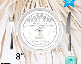 Editable Mi Bautizo Plate Charger, Silver Foil Charro, Mexican Baptism (Editable, Digital Download)