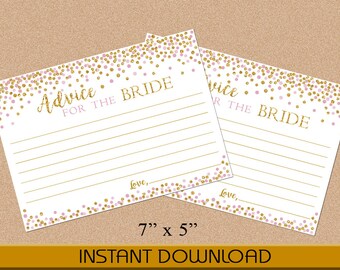 Advice for the Bride To Be, Bridal Advice Cards, Bridal Shower Game, Pink and Gold Confetti, Instant Download, Printable