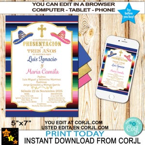 Presentation 3 years Invitation, Boy Girl, Twins, Niño Niña, Gemelos, Hermanos, Blue Pink, Mexican Theme, Edit and Download in Corjl, 5&quot;x7&quot;