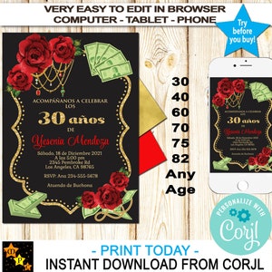 Spanish Birthday Invitation, Any Age, Buchona Invitation,Instant Download from Corjl, Edit in Corjl, Printable, 5x7