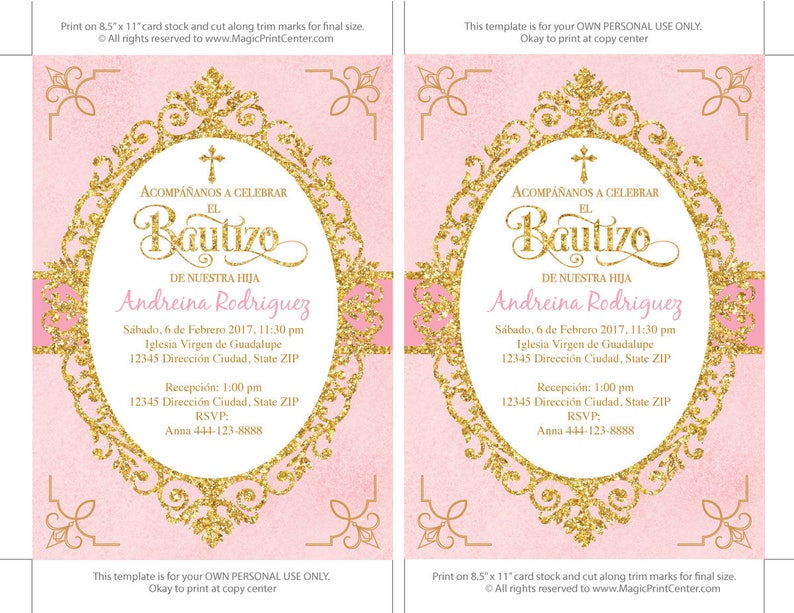 Spanish Baptism Invitation Girl Pink Watercolor and Gold Etsy