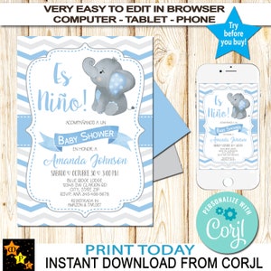 Spanish Baby Shower Invitation, Blue and Gray Elephant, Boy, INSTANT download, EDITABLE in Corjl, DIY, Printable, 5&quot;x7&quot;