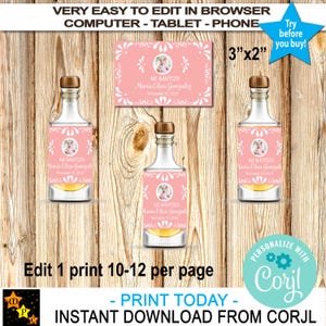 Etiketten voor mini-drankflesjes doop, roze Barro-thema, bewerkbaar, afdrukbaar, bewerken en downloaden in Corjl, 3 x 2 inch