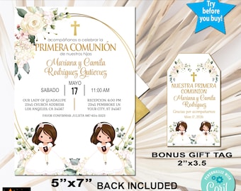 First Communion Twin Girls Invitation, Plus Editable Gift Tag (Digital Download)