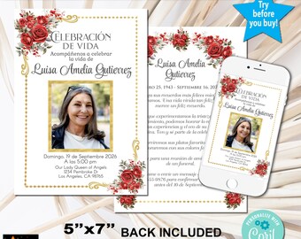 Spanish Celebration of Life Photo Invitation, Celebración de Vida, Floral Red Roses Memorial (5x7" Corjl Template)