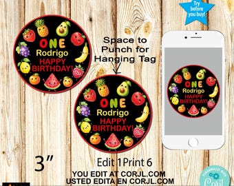 Personalized 1st Birthday Favor Tags, Dancing Fruit, Hey Bear, 3 inch Editable Template (Digital Download)