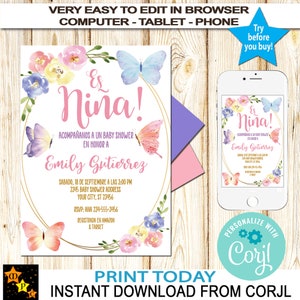 Convite para chá de bebê com borboleta espanhola, menina, floral, mariposa, menina, para imprimir, editar e baixar em Corjl, para imprimir, 5x7
