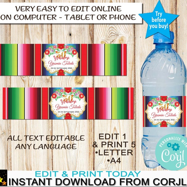 Birthday, Any Age, Mexican Water Bottle Labels, Printable, Sarape, Red Flowers, Edit and Download in Corjl