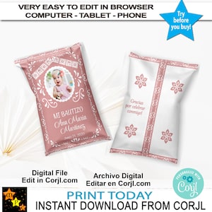 Mi Bautizo Photo Baptism Chip Bag Mexican Barro Theme, Photo, Dusty Rose Talavera Style, Edit and Download in Corjl