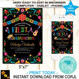 Invitación de graduación, flores mexicanas, tema de fiesta mexicana, imprimible, invitación de graduación