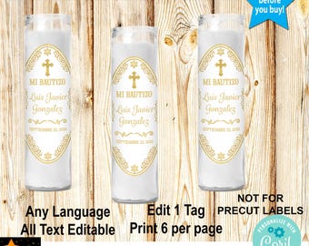 Mi Bautizo Baptism Candle Labels, Gold, Printable Edit and Download in Corjl