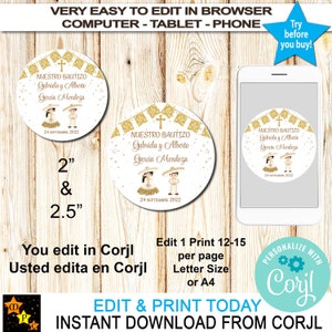 Nuestro Bautizo, Baptism Favor Tags, Toddler Charra and Charro, Gold, Confetti, Mexican Style, Edit and Download in Corjl 2&quot; and 2.5&quot;