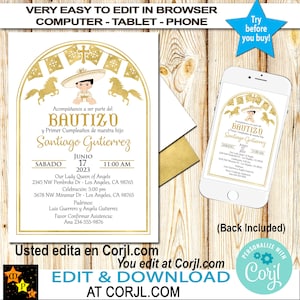Spanish  Baptism and 1st Birthday-Any Age-Invitation, Charro, Mexican Theme, Gold Foil, Instant Download, Edit in Corjl, Printable, 5x7