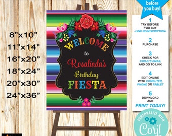 English Birthday Welcome Sign, Fiesta Mexican Flowers, Sarape Background, Instant Download from Corjl, Edit in Corjl, Printable, 6 sizes