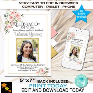 Peut inclure: Une invitation commémorative numérique avec le texte "Celebración de Vida" et "Acompáñenos a celebrar la vida de Valentina Gutierrez." L'invitation comprend une photo et des motifs floraux. Le texte "Print Today, Edit and Download Today" est également inclus.