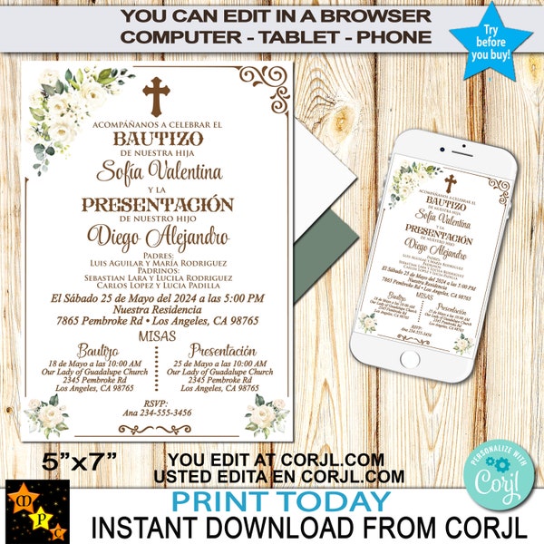 Spanish Baptism & Presentation Invitation, Bautizo y Presentación, Printable, Boy, Girl, White Flowers, Edit and Download in Corjl, 5x7