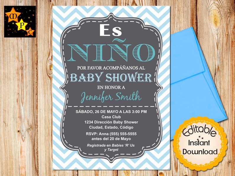 Spanish Baby Shower Invitation Boy Chevron Blue Editable Etsy Spanish Baby Shower Invitation Boy Chevron Blue Editable Etsy
