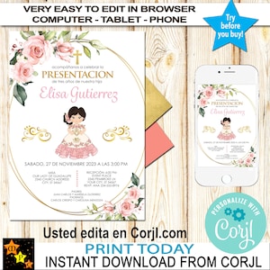 Présentation 3 ans Invitation, fille, thème mexicain, roses roses, feuille d'or, téléchargement immédiat, modifier en corjl, imprimable, 5 x 7 po. P75