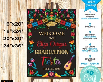 Graduation Fiesta Welcome Sign Poster, Mexican Theme, 4 sizes, Printable, Papel Picado, Instant Download, Editable in Corjl