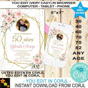Invitación de cumpleaños con foto para cualquier edad, rosas rosadas, diseño dorado moderno, descarga instantánea, editable en Corjl de 5 x 7 pulgadas