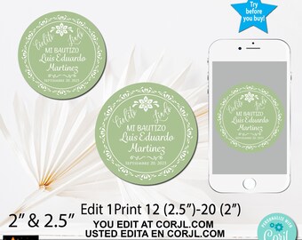 May include: A digital download of two printable 2 inch and 2.5 inch round stickers with a green background and white text. The text reads "Mi Bautizo Luis Eduardo Martinez" and "Septiembre 20, 2025".