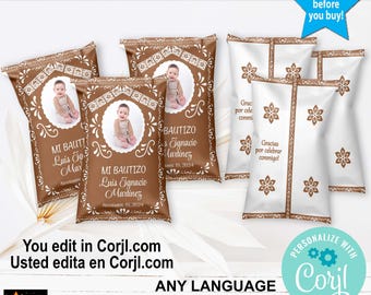 May include: Four brown and white chip bags with a design of a baby and the text "Mi Bautizo" and "Bautizo" with a date. The bags are on a white background with the text "You edit in Corjl.com Usted edita en Corjl.com" and "Any Language Print Today Instant Download From Corjl".