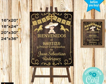 Mexican Baptism Welcome Sign, Charro, Wood Background (Printable, Corjl)