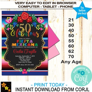 Birthday Invitation, Mexican Fiesta Flowers, Any Age, Sarape Background, Instant Download from Corjl, Edit in Corjl, Printable, 5x7