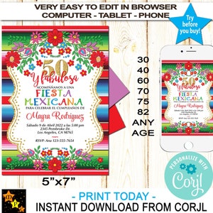 Spanish Fiesta Mexicana Invitation, Mexican Flowers, Any Age, Sarape Background, Instant Download from Corjl, Edit in Corjl, 5x7, FMR101