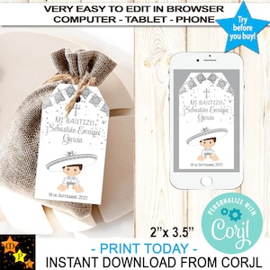 May include: A printable favor tag for a baptism. The tag features a silver and white design with a cartoon boy wearing a sombrero. The text on the tag reads "Mi Bautizo Sebastian Enrique Garcia" and "18 de Septiembre 2021". The tag is 2 inches by 3.5 inches.