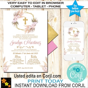 Espanhol Pampas Grass Batismo e 1º Aniversário - Qualquer Idade - Convite, Rosa e Dourado, Download Instantâneo de Corjl, Editar em Corjl, Faça Você Mesmo, 5x7