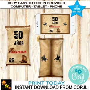May include: Printable digital design for a chip bag with a cowboy theme. The bag is brown with a vintage look and features a silhouette of a cowboy riding a horse. The text on the bag reads "50 Años Juan Carlos 26 Febrero 2022".