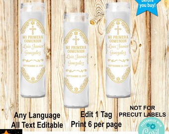 Mi Primera Comunión 1st Communion Candle Labels, Gold, Editable, Printable, Edit and Download in Corjl