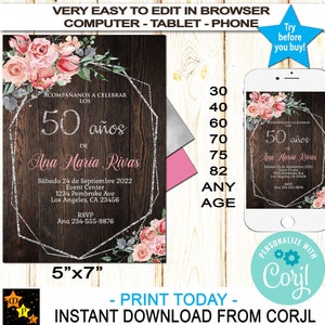 Spaans elke leeftijd verjaardagsuitnodiging, bloemen roze en zilver, rustiek hout, INSTANT download van Corjl, BEWERKEN in Corjl, DIY, afdrukbaar, 5 x 7