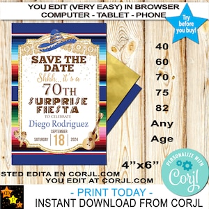Save The Date, Mexican Theme, Any Age, Printable, Surprise Fiesta, Sarape Background, Edit and Download in Corjl, Printable, 5x7, STD115