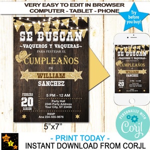 Spanish Western Cowboy Rustic Invitacion Vaquera Birthday Invitation, No Age, Edit and Download at Corjl, Printable, 5x7