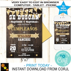 Convite de aniversário rústico de cowboy do oeste espanhol, sem idade, edite e baixe no Corjl, para impressão, 5x7