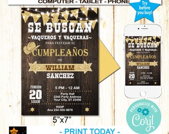 May include: A printable invitation for a birthday party with a rustic wood background and gold glitter accents. The text reads "Se buscan vaqueros y vaqueras" for William Sanchez's birthday party on February 20th. The invitation is 5 inches by 7 inches.