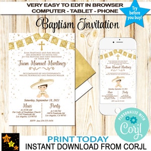 Spanish Baptism and 1st Birthday-Any Age-Invitation, Charro, Mexican Theme, Gold Foil, Instant Download, Edit in Corjl, DIY, 5x7