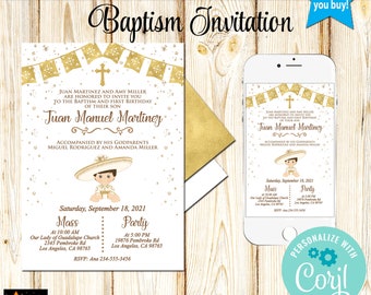 Spanish Baptism and 1st Birthday-Any Age-Invitation, Charro, Mexican Theme, Gold Foil, Instant Download, Edit in Corjl, DIY, 5x7